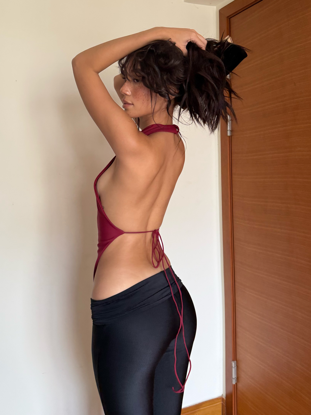 Asymmetrical Backless Halter Top - Red Wine