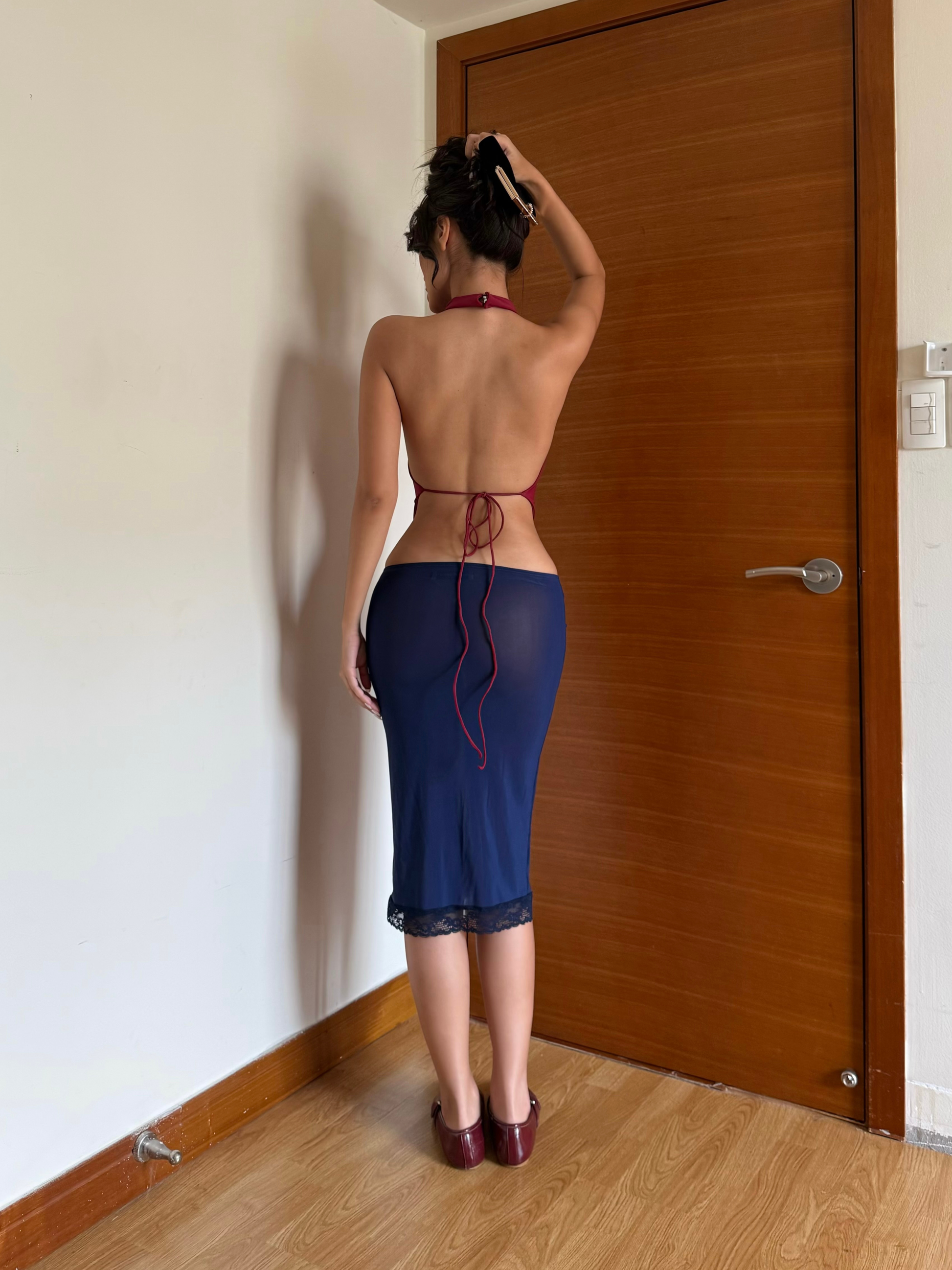Asymmetrical Backless Halter Top - Red Wine