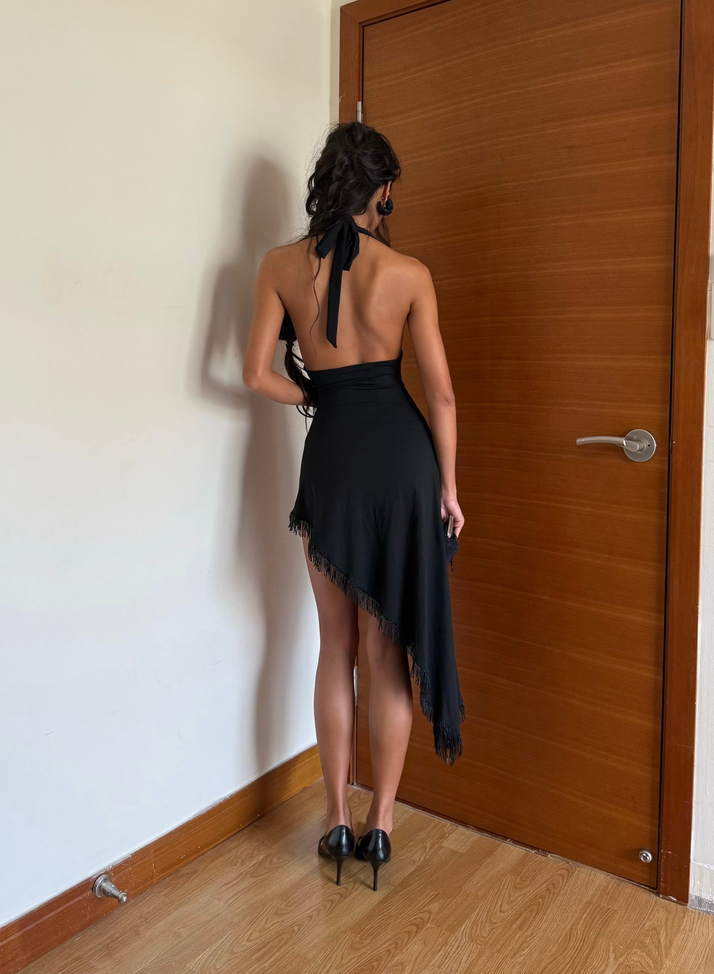 Beaded Deep Plunge A Dress - Black