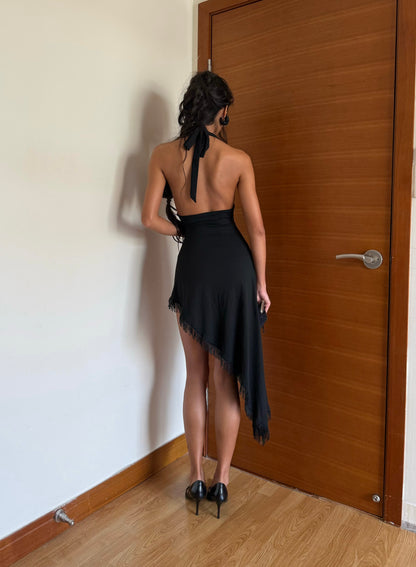 Beaded Deep Plunge A Dress - Black