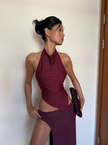 Asymmetrical Backless Halter Top - Red Plum